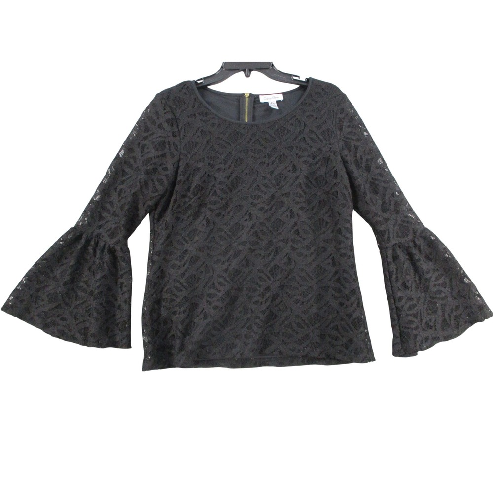 Calvin Klein Womens Black Lace Bell Sleeve Top Blouse M7DHP852 Size Medium